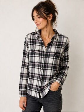 Tilley Flanel plaid shirt 100% cotton pink black ecru white small overshirt S
